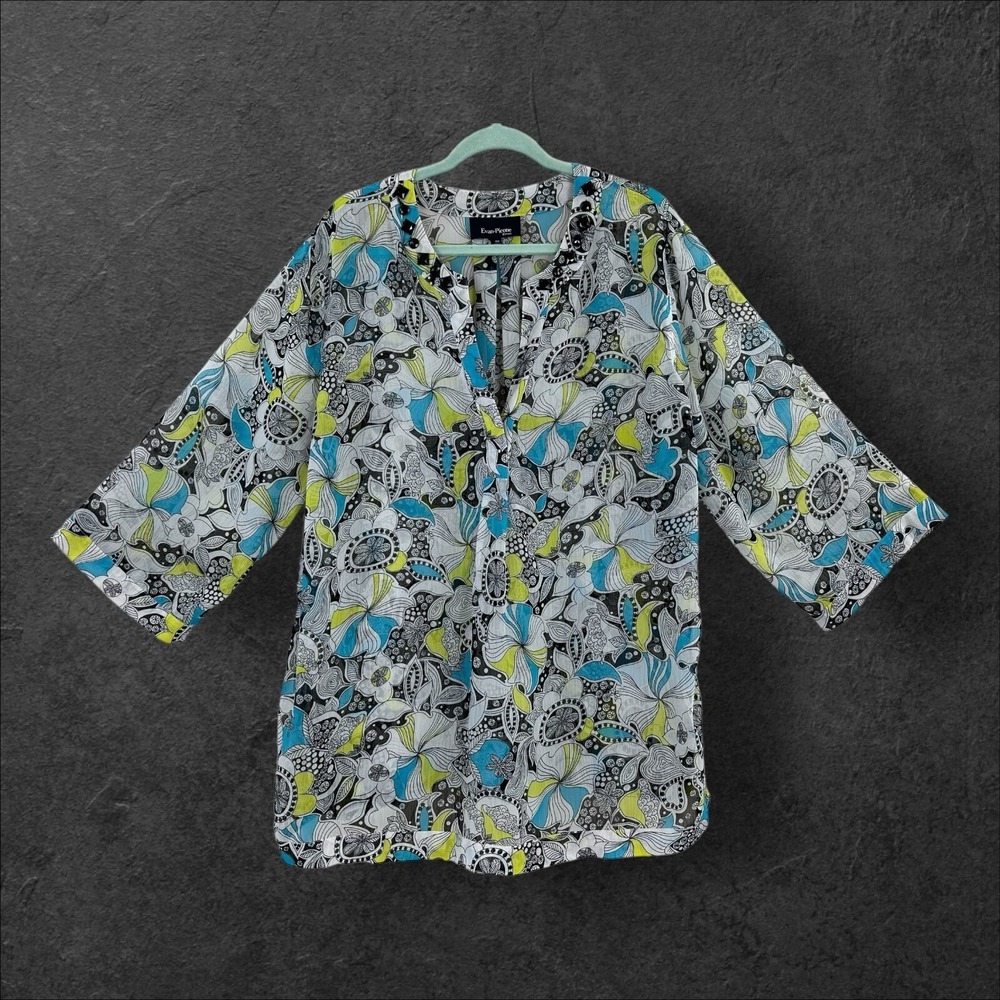 Evan-Picone Tunic Women's 18W Floral Sheer Popover Top Beaded 3/4 Sleeve Flowing